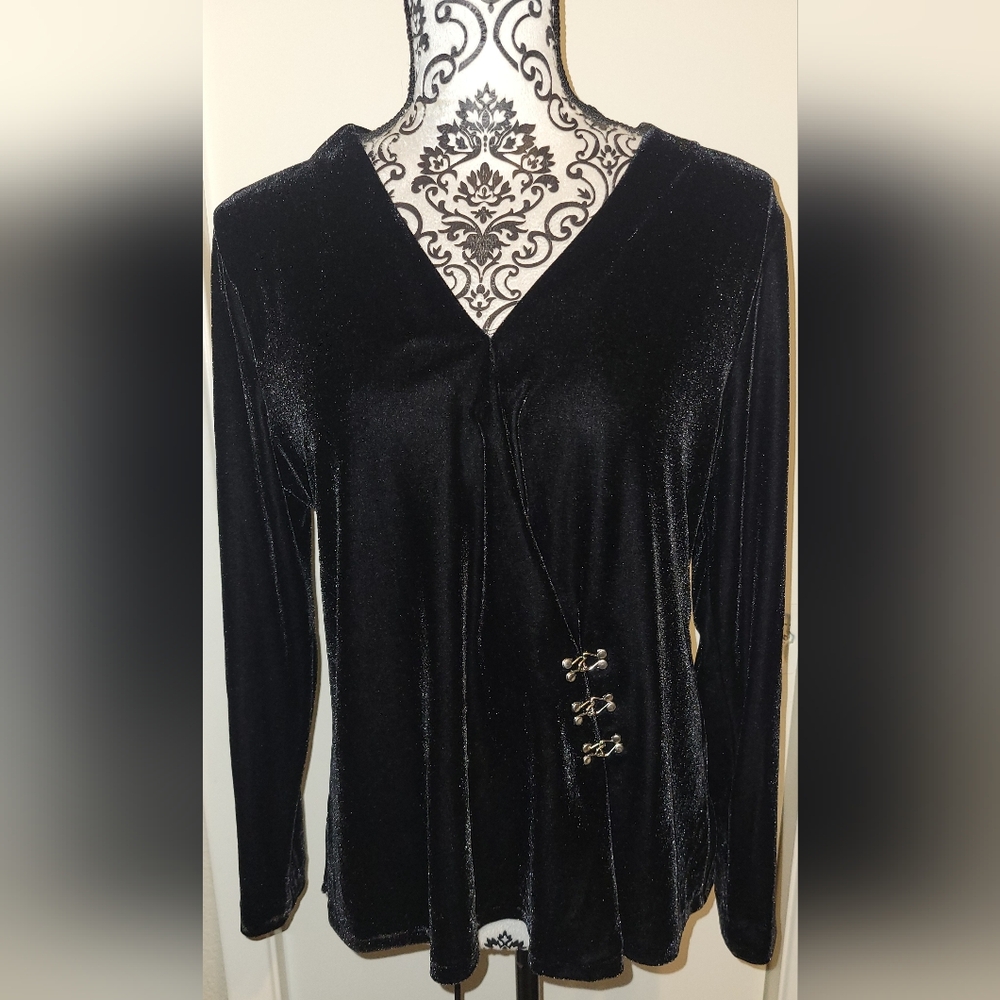 Soft Surroundings Black Velvet Faux Wrap Long Sleeve Top Sz Med Goth Whimsy Goth